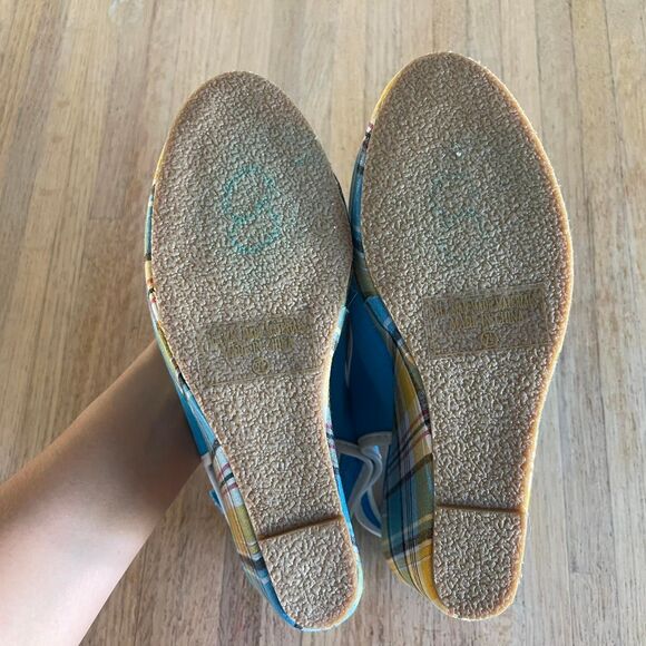 Vintage Y2K Blue Plaid Wedge Sandals Slingback Canvas Platform Shoes Size 7.5 - Picture 6 of 8